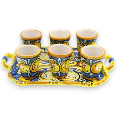 Limoncello service for 6 people in Caltagirone ceramic, baroque decoration and lemons on a blue background - 