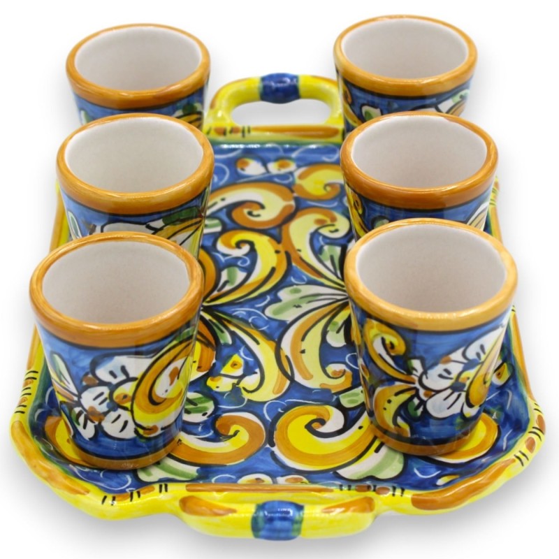 Servizio Limoncello per 6 persone in ceramica di Caltagirone, decoro barocco e limoni su fondo blu - 