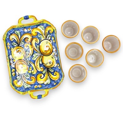Limoncello service for 6 people in Caltagirone ceramic, baroque decoration and lemons on a blue background - 