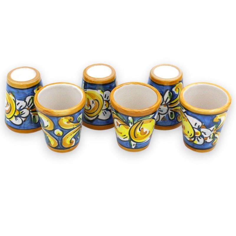 Limoncello service for 6 people in Caltagirone ceramic, baroque decoration and lemons on a blue background - 