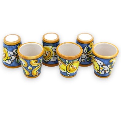 Servizio Limoncello per 6 persone in ceramica di Caltagirone, decoro barocco e limoni su fondo blu - 