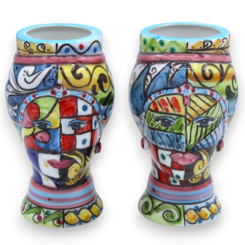 Teste di Moro Siciliane (coppia) h 14 cm ca. ceramica Caltagirone - Design Moderno, decoro Carretto Siciliano - 