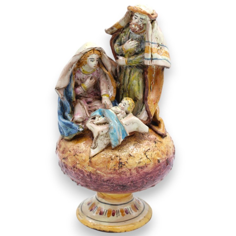 Presepe Sacra Famiglia, Natività su base rotonda con gambo - h 20 cm ceramica Caltagirone - 