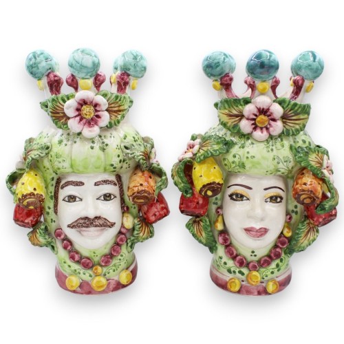 Sizilianische Moorköpfe (1 Stück) H ca. 30 cm Caltagirone-Keramik, Krone, Blumen und Kaktusfeigen, grüner Hintergrund - 