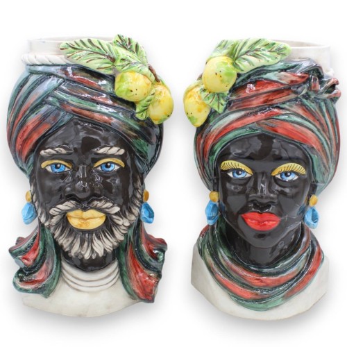 Sizilianische Moorköpfe (1 Stück) H ca. 30 cm Caltagirone-Keramik – Modell Saraceno, MD2-Zitronenapplikationen - 