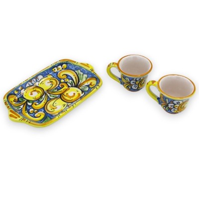 Tet a Tet Caltagirone keramisk kaffeservering, 2 koppar och bricka, barockdekor och citroner på blå bakgrund - 