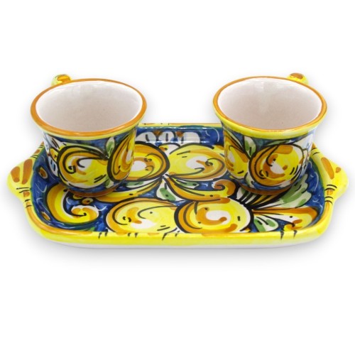 Tet a Tet Caltagirone keramisch koffieservies, 2 kopjes en dienblad, barokke decoratie en citroenen op een blauwe achter