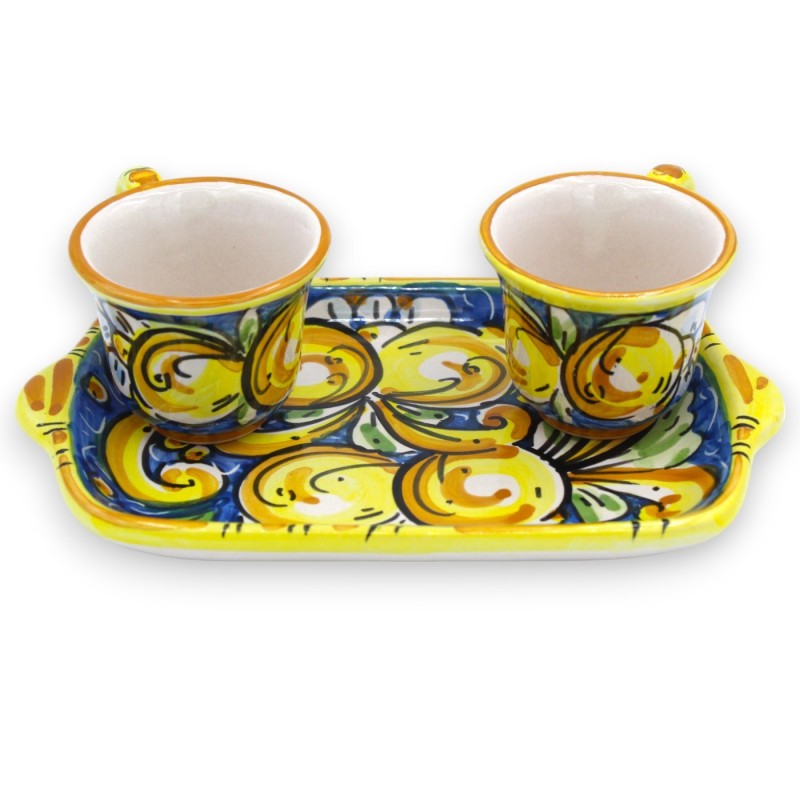 Tet a Tet servizio da caffè in ceramica Caltagirone, 2 tazzine e vassoio, decoro barocco e limoni su fondo blu - 