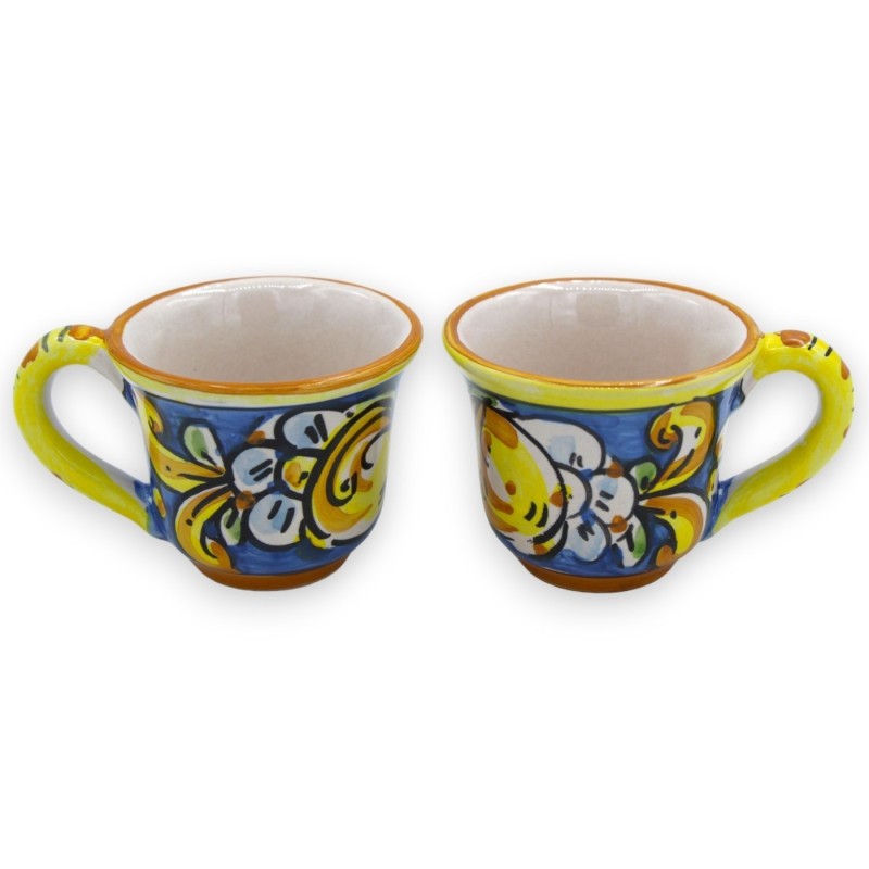 Servicio de café de cerámica Tet a Tet Caltagirone, 2 tazas y bandeja, decoración barroca y limones sobre fondo azul. - 