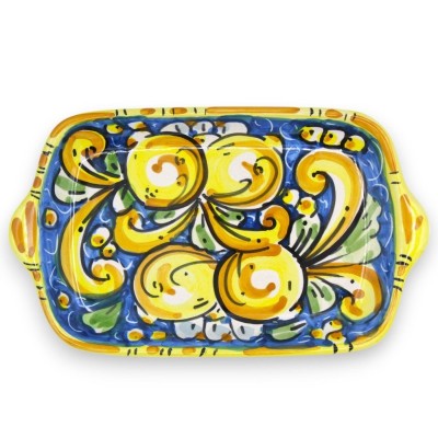 Servicio de café de cerámica Tet a Tet Caltagirone, 2 tazas y bandeja, decoración barroca y limones sobre fondo azul. - 