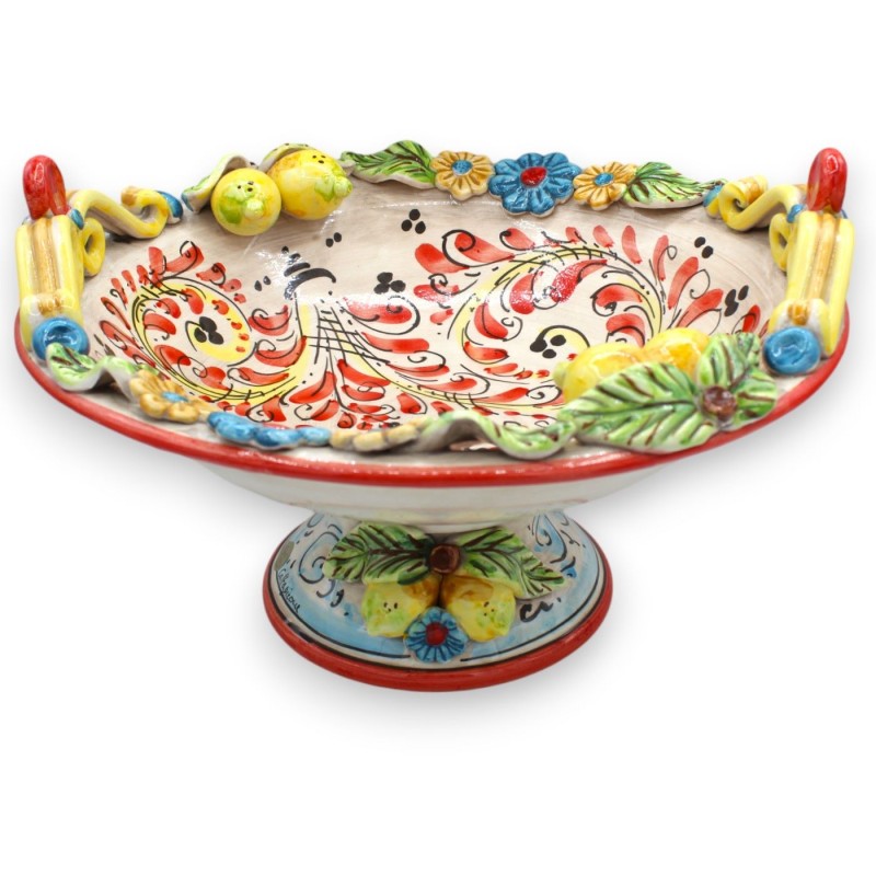 Alzata Centrotavola Fruttiera in ceramica Caltagirone, Ø 37 cm ca. decoro '600 e applicazioni di fiori e limoni - 