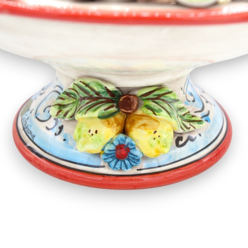 Ceramiczny stojak na miskę na owoce Caltagirone, Ø ok. 37 cm. XVII-wieczna dekoracja i aplikacje z kwiatów i cytryn - 