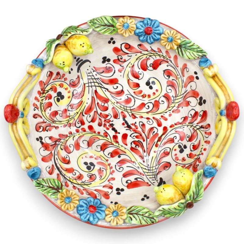 Frutero de cerámica Caltagirone con soporte para centro de mesa, Ø aprox.37 cm. Decoración y aplicaciones de flores y li