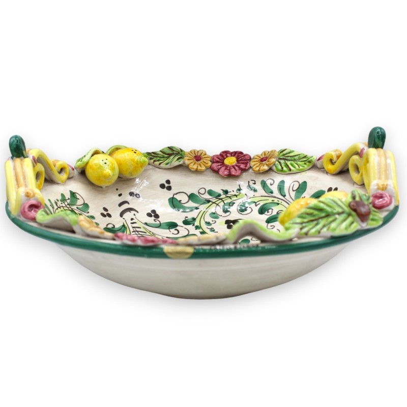 Caltagirone-Keramik-Obstschale, Ø ca. 37 cm. Grüne Dekoration und Applikationen aus Blumen und Zitronen aus dem 17. Jahr