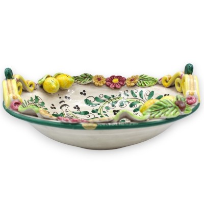 Frutero de cerámica Caltagirone, centro de mesa, Ø aprox.37 cm. Decoración verde del siglo XVII y aplicaciones de flores