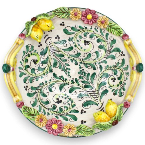 Centrotavola Fruttiera in ceramica Caltagirone, Ø 37 cm ca. decoro '600 verde e applicazioni di fiori e limoni -  2