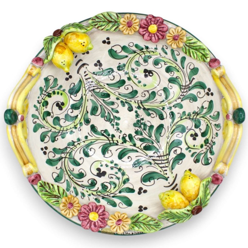 Frutero de cerámica Caltagirone, centro de mesa, Ø aprox.37 cm. Decoración verde del siglo XVII y aplicaciones de flores