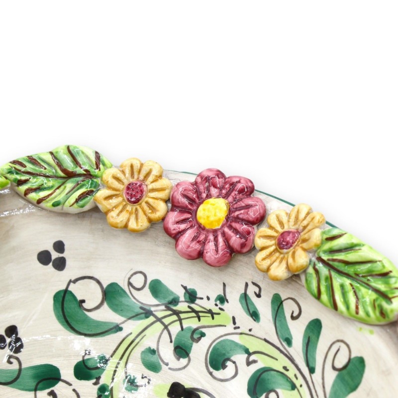 Centrotavola Fruttiera in ceramica Caltagirone, Ø 37 cm ca. decoro '600 verde e applicazioni di fiori e limoni -  Centrotavola Fruttiera in ceramica Caltagirone, Ø 37 cm ca. decoro '600 verde e applicazioni di fiori e limoni -