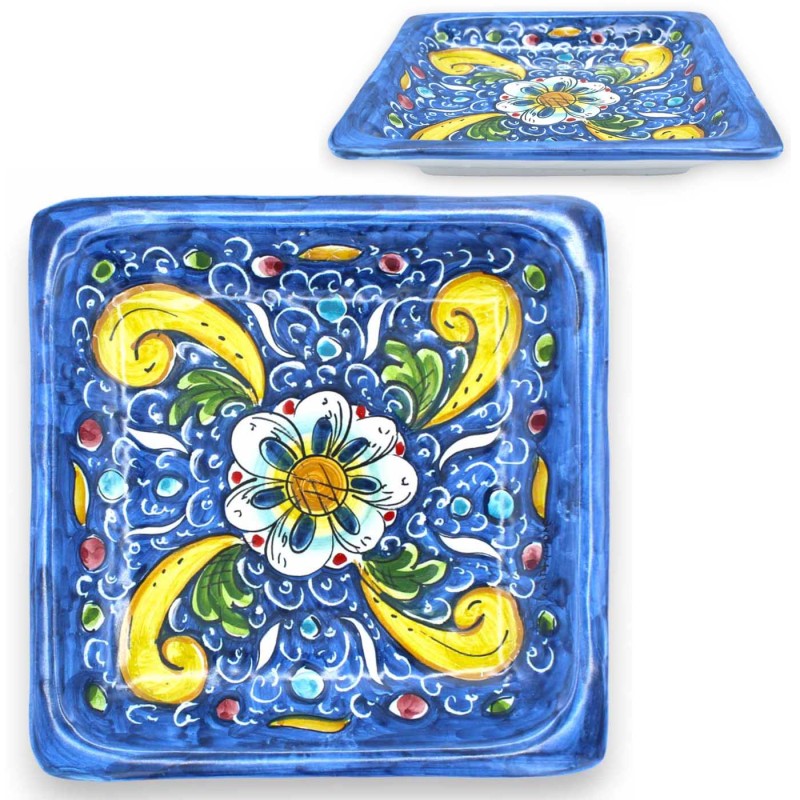 Vassoio quadrato in ceramica Caltagirone, piatto da portata, L 25 x 25 cm ca. fondo Blu, decoro barocco e fiore - 