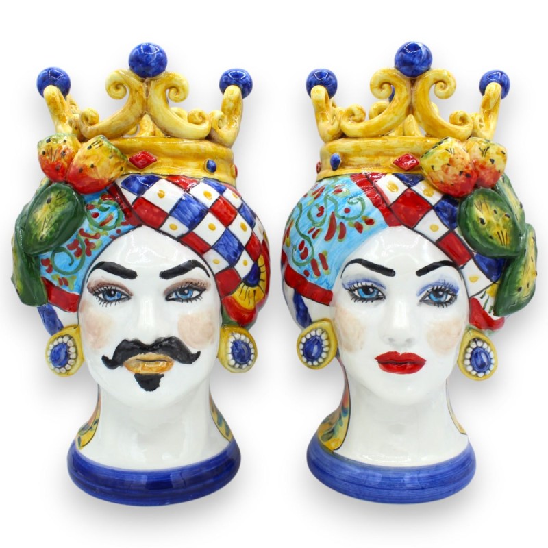 Teste di Moro siciliane (coppia) h 25 cm ca. Ceramica Caltagirone, Con Corona, Ficodindia e decoro carretto Siciliano - 