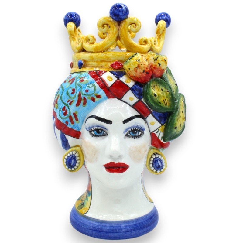 Têtes de lande siciliennes (paire) h environ 25 cm Céramique de Caltagirone, à décor de couronne, figue de Barbarie et c