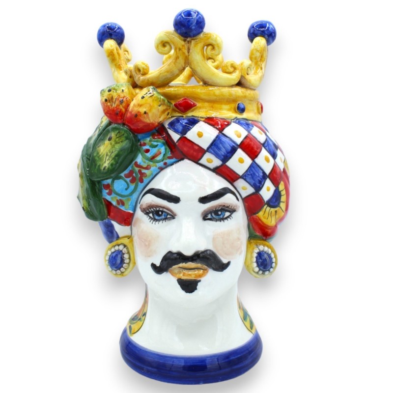 Têtes de lande siciliennes (paire) h environ 25 cm Céramique de Caltagirone, à décor de couronne, figue de Barbarie et c