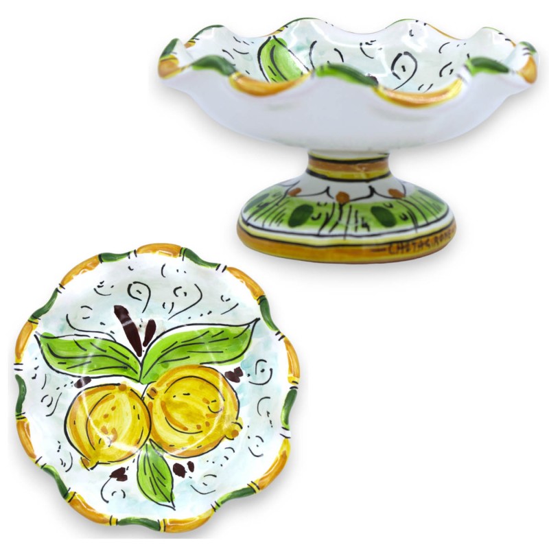 Alzata centrotavola smerlata, ceramica Caltagirone, Ø 15 cm ca. decoro limoni - 