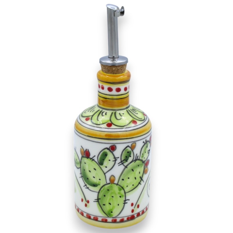 Bottiglia in Ceramica di Caltagirone con erogatore per Olio, Aceto o Liquore, h 20 cm ca. decoro pale di ficodindia - 