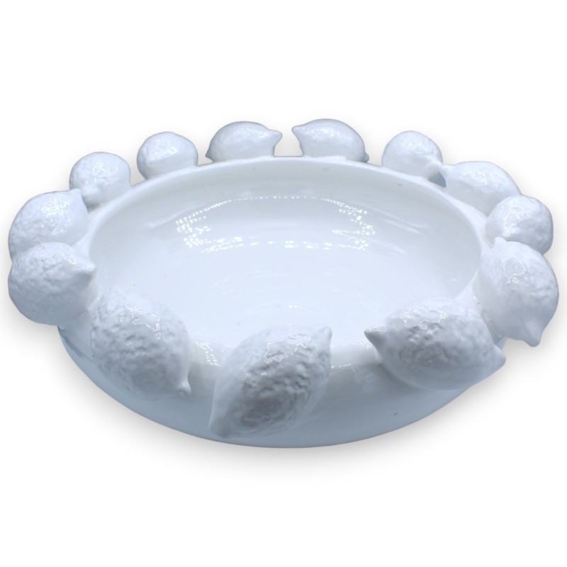 Centrotavola Fruttiera in pregiata ceramica, Ø 45 cm ca. Bianco, con applicazioni di Limoni -