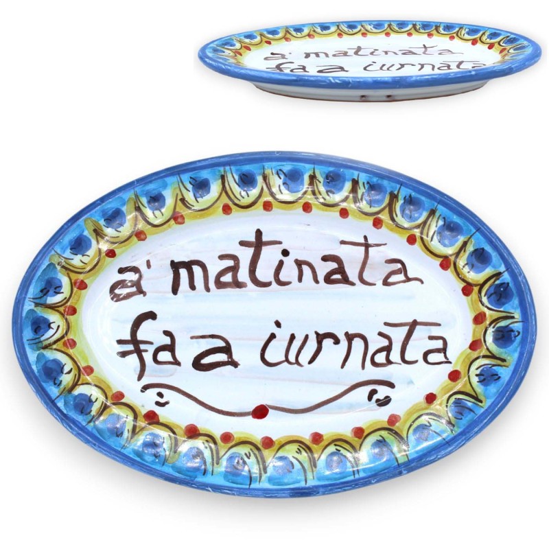 Caltagirone Ovales Tablett, Servierplatte, L 22 x 14 cm ca. (1 Stück) 3 Dekorationsmöglichkeiten, sizilianische Sprichwö