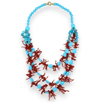 Handcrafted Necklace with Turquoise and Coral Sprigs, L 70 cm approx. Clasp in 925 Silver - 