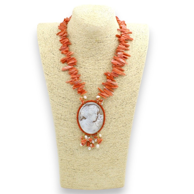 Collar Coral Rosa L 70 cm aprox. con grandes perlas Cameo y Scaramazze, cierre de plata 925 - 