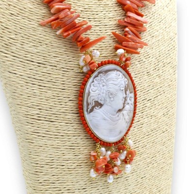 Collar Coral Rosa L 70 cm aprox. con grandes perlas Cameo y Scaramazze, cierre de plata 925 - 