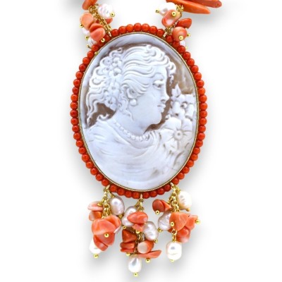 Roze koraalketting L 70 cm ca. met grote Cameo- en Scaramazze-parels, 925 zilveren sluiting - 