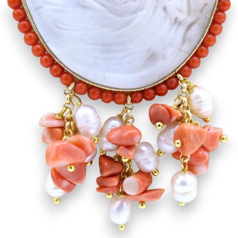 Colar Coral Rosa L 70 cm aprox. com grandes pérolas Cameo e Scaramaze, fecho em prata 925 - 