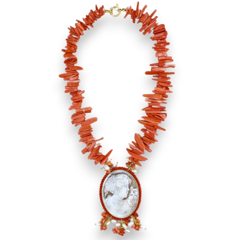 Collana di Corallo Rosa L 70 cm ca. con grande Cammeo e perle Scaramazze, chiusura in Argento 925 - 