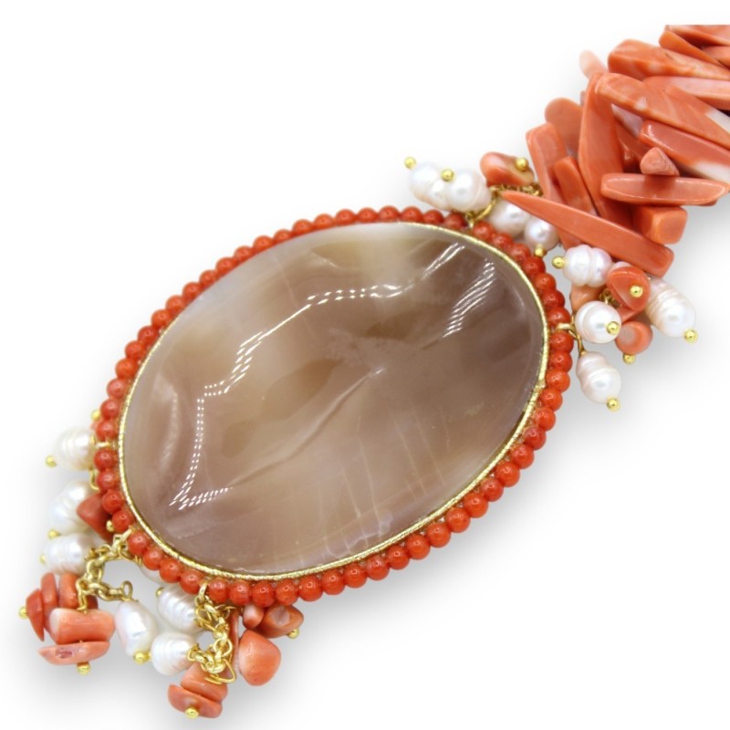 Roze koraalketting L 70 cm ca. met grote Cameo- en Scaramazze-parels, 925 zilveren sluiting - 