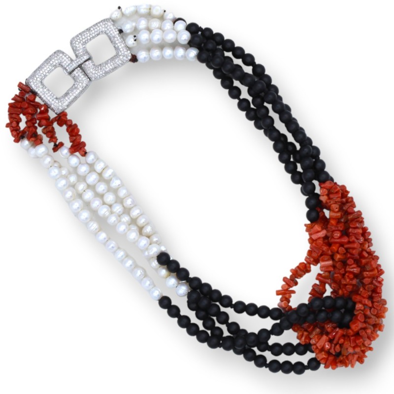 Choker Halsband L 45 cm ca. med 4 trådar Geometrisk design vävd med pärlor, onyx och korall, stängning med zirkoner - 