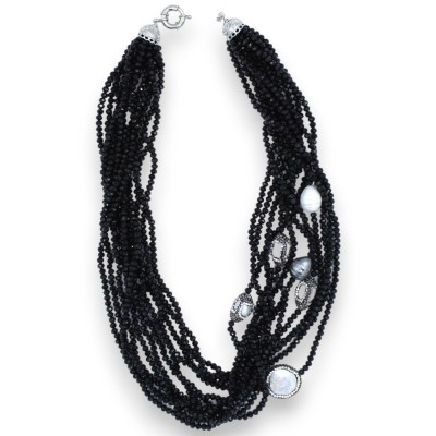 Colar Artesanal de Cristais Pretos, C 60 cm aprox. Com pérolas Scaramaze, fecho em prata 925 - 