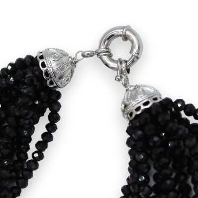 Colar Artesanal de Cristais Pretos, C 60 cm aprox. Com pérolas Scaramaze, fecho em prata 925 - 