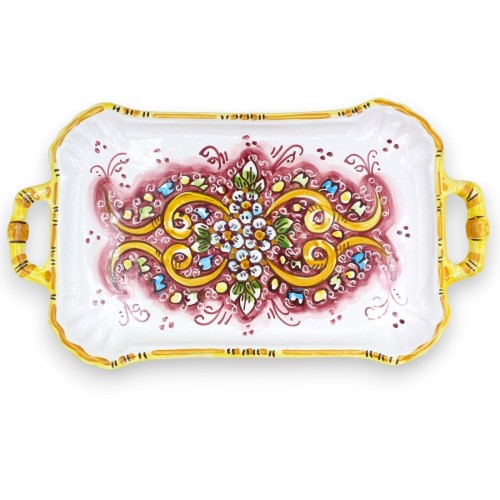 Bandeja plana em cerâmica Caltagirone, C 37 x 20 cm aprox. Decoração barroca e floral, bordô -  2