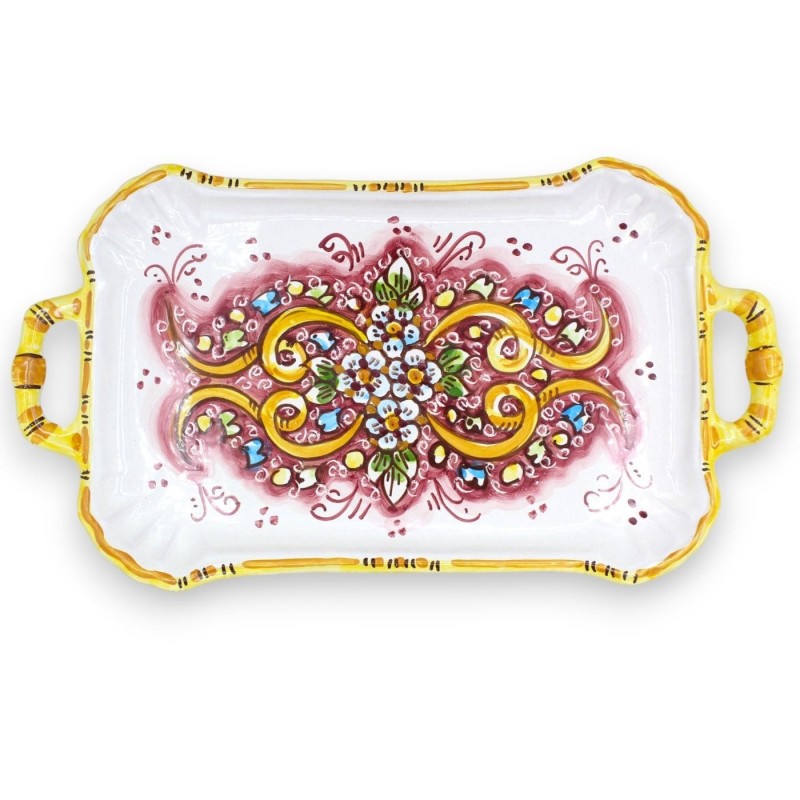 Flat serving tray in Caltagirone ceramic, L 37 x 20 cm approx. Baroque and floral decoration, burgundy - 