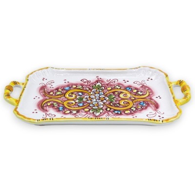 Flat serving tray in Caltagirone ceramic, L 37 x 20 cm approx. Baroque and floral decoration, burgundy - 