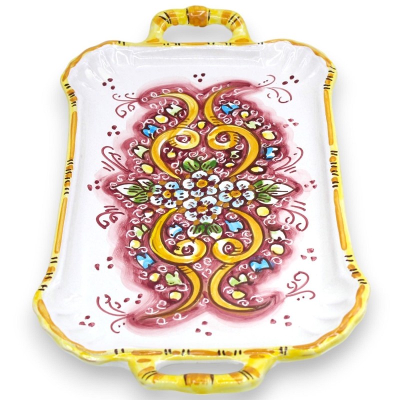 Płaska taca do serwowania z ceramiki Caltagirone, dł. 37 x 20 cm ok. Dekoracja barokowa i kwiatowa, kolor bordowy - 