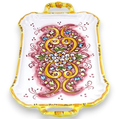 Flat serving tray in Caltagirone ceramic, L 37 x 20 cm approx. Baroque and floral decoration, burgundy - 