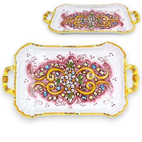 Bandeja plana em cerâmica Caltagirone, C 37 x 20 cm aprox. Decoração barroca e floral, bordô - 