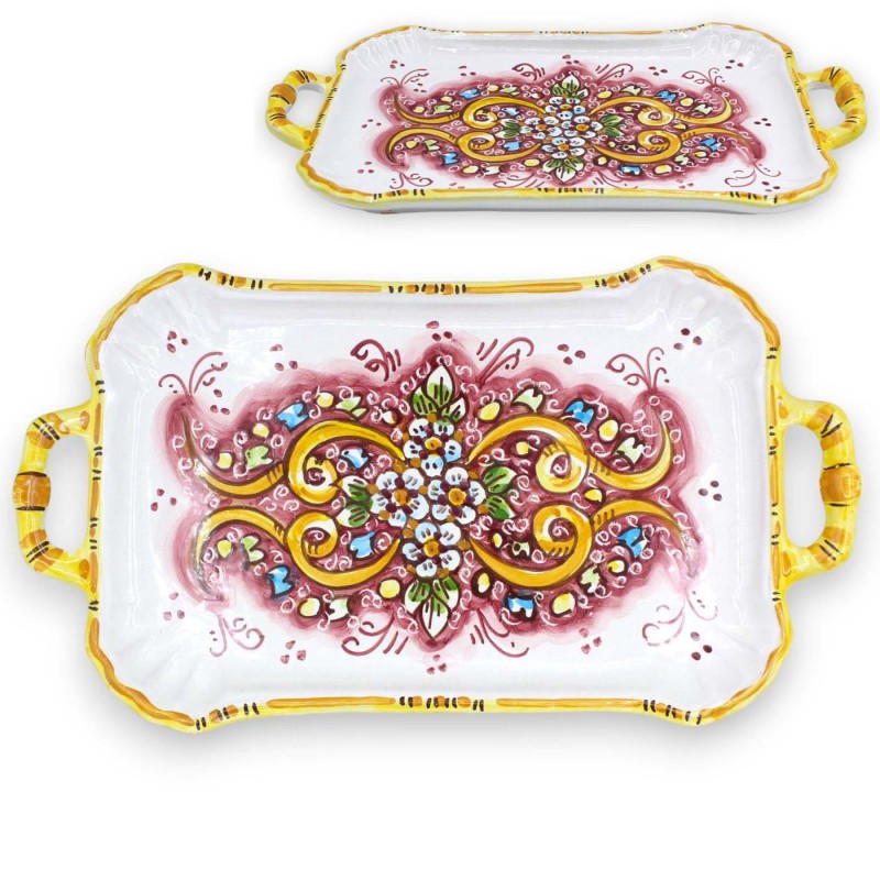 Vassoio piatto da portata in ceramica Caltagirone, L 37 x 20 cm ca. decoro Barocco e Floreale, bordeaux - 