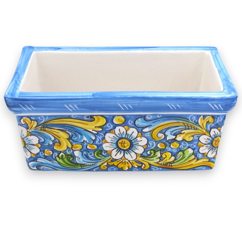 Rectangular vase box in Caltagirone ceramic, blue with baroque decoration and flowers, 5 size options (1pc) - 