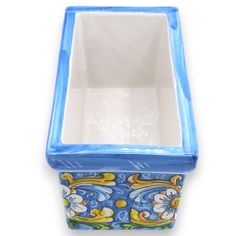Rectangular vase box in Caltagirone ceramic, blue with baroque decoration and flowers, 5 size options (1pc) - 