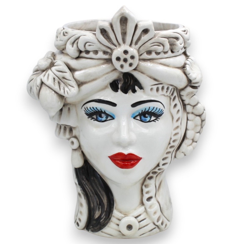 Sicilian Moor heads (1pc) h approx. 27 cm Caltagirone ceramic, Antique White Classic Model, Crown and Fruit - 